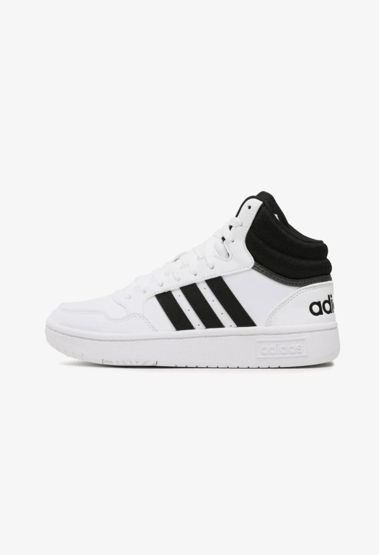 Side profile of authentic Adidas Hoops 3.0 Mid shoes showing the mid-cut padded collar.