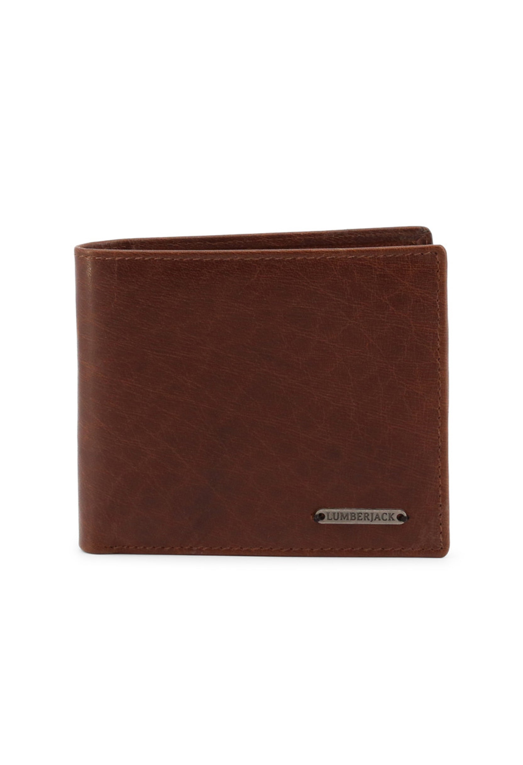 Authentic Lumberjack wallet in dark brown, showing fold and leather texture.