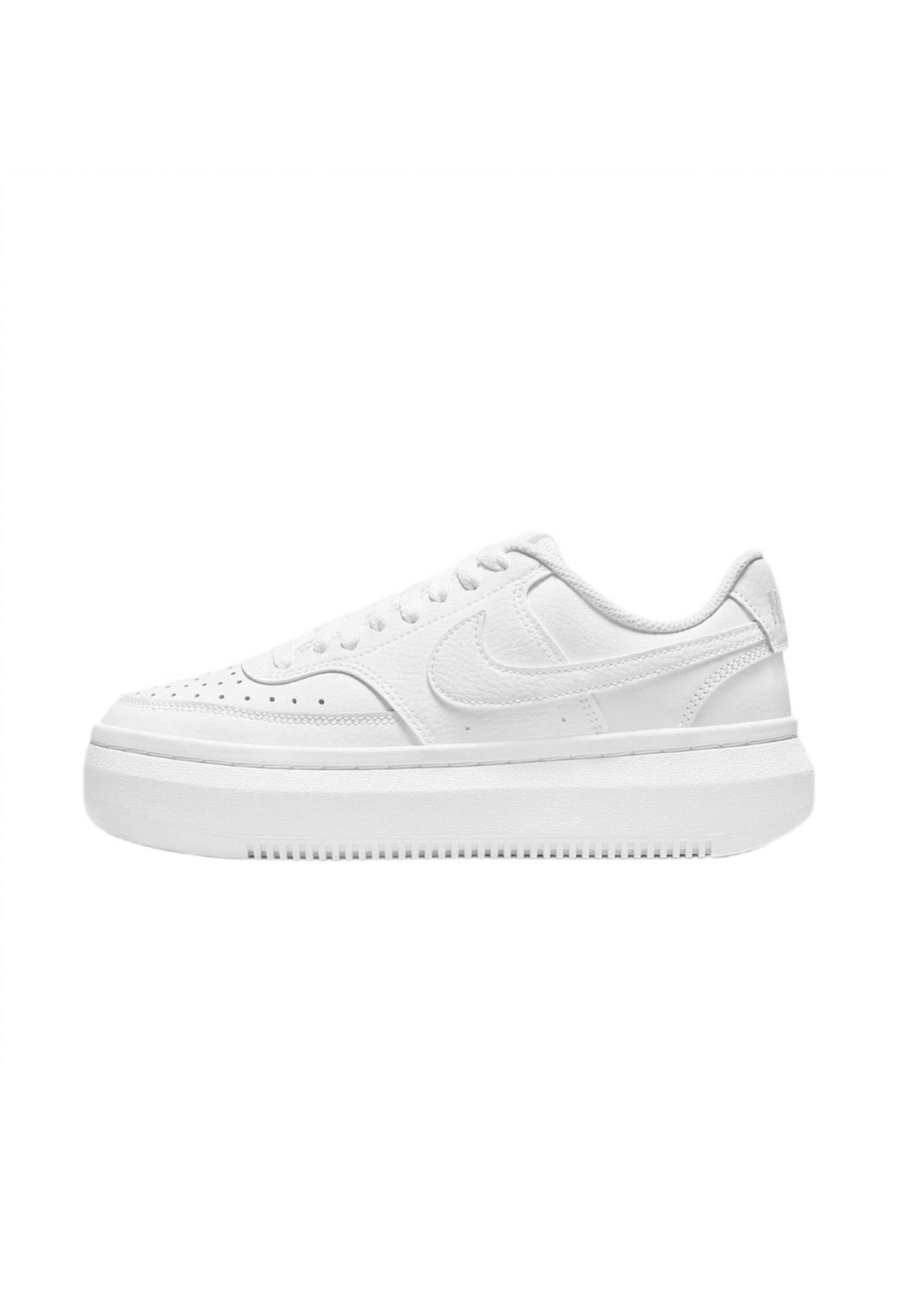 Side profile of authentic white Nike Court Vision Alta shoes highlighting the platform midsole.