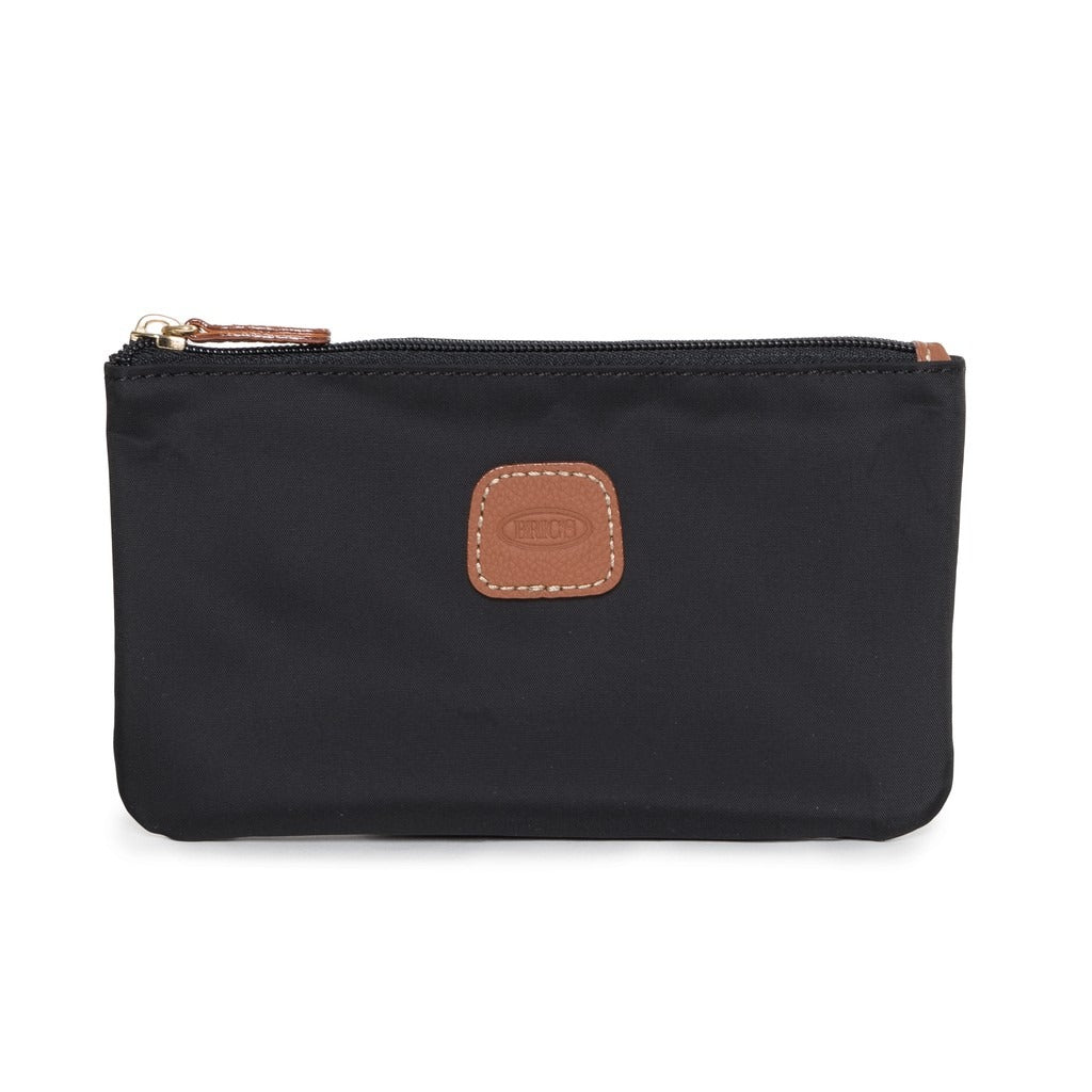 Front view of the Bric’s BXG00612-1906607 black nylon travel pouch with brown leather logo patch.