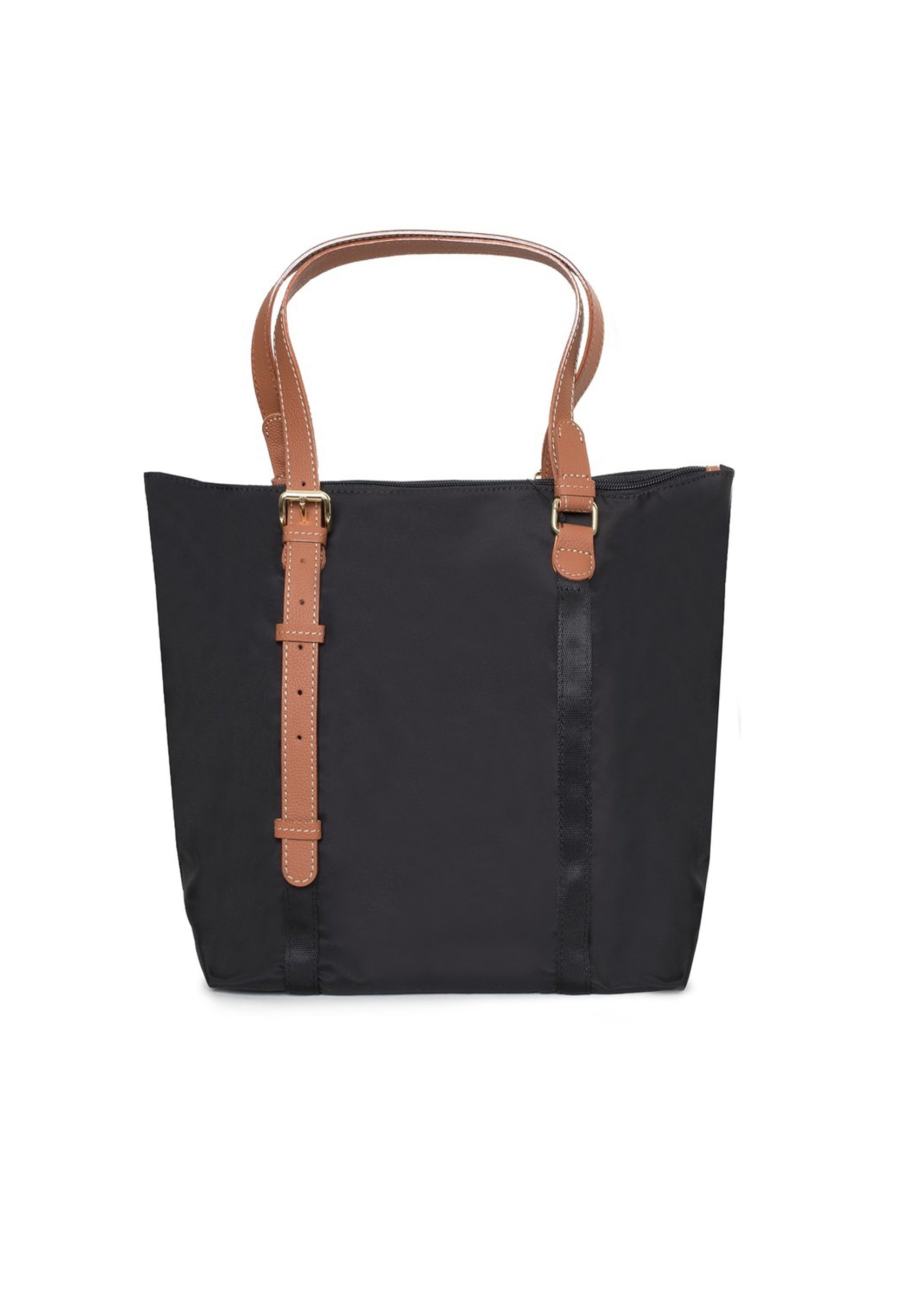 Back view of the Bric’s BXG05071-1906603 black nylon shopping bag featuring long brown leather handles.