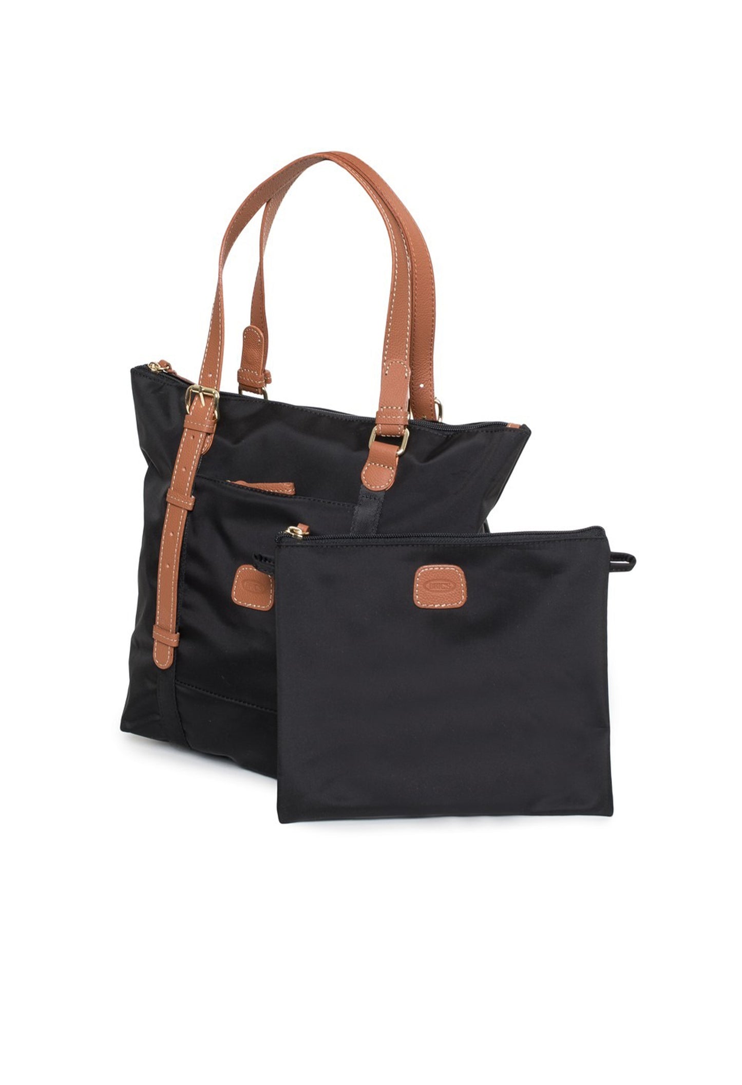 Angled shot of the Bric’s BXG05071-1906603 black shopping bag displayed with its matching internal pouch.