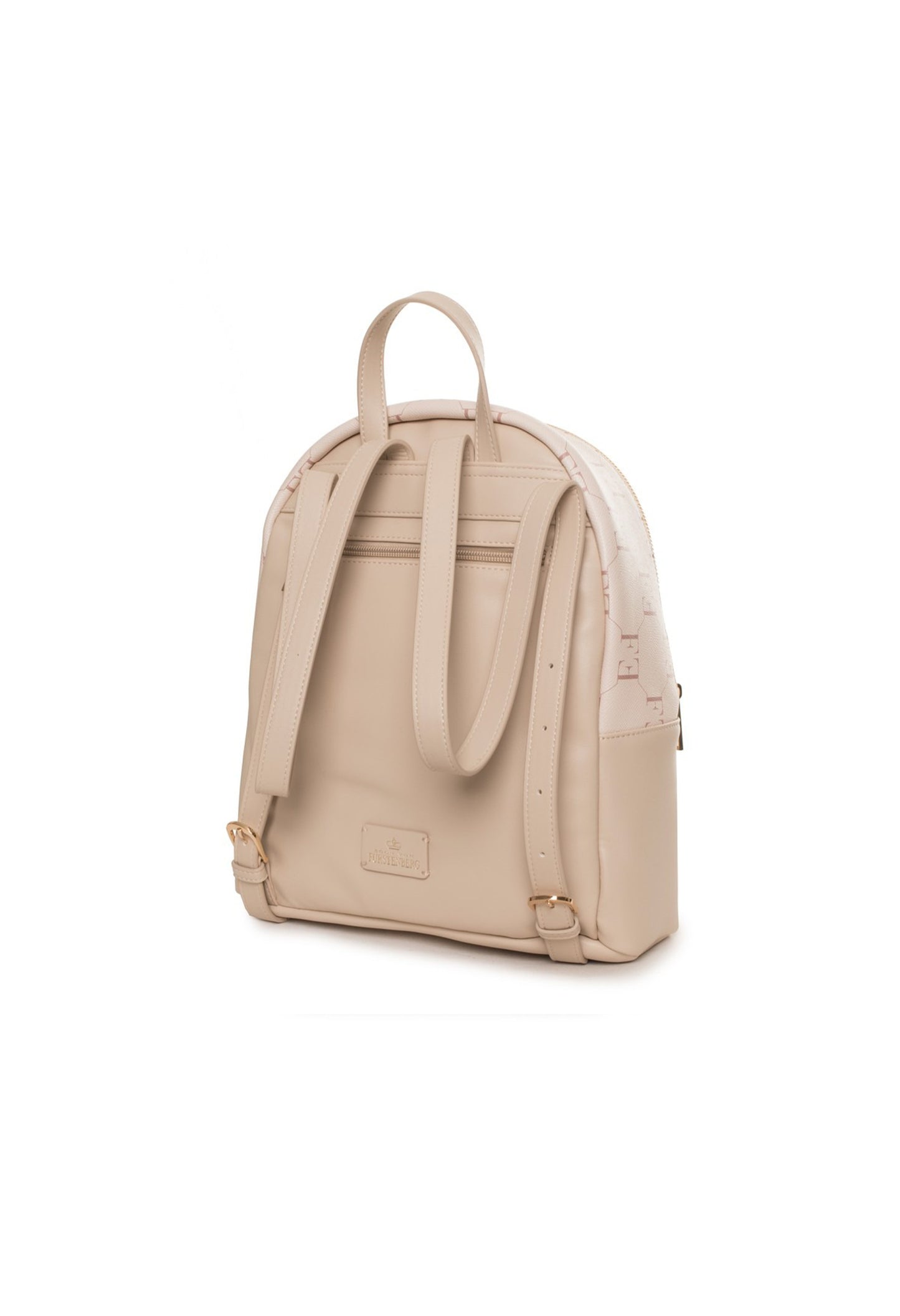 Chic women's designer day bag in tan, side view showing adjustable straps.