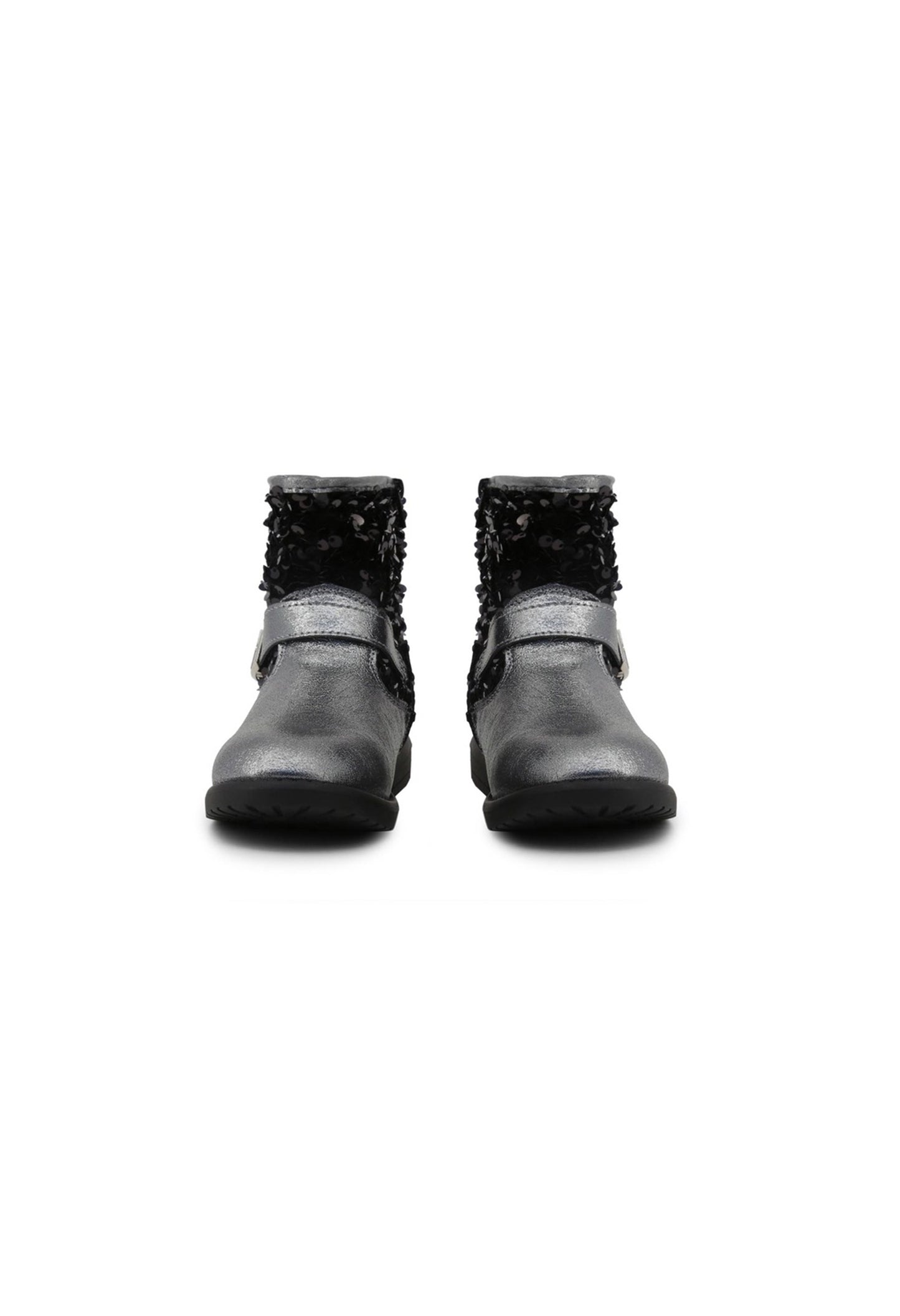 Front view of comfortable kids boots showing round toe and memory foam insole benefit.