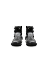 Front view of comfortable kids boots showing round toe and memory foam insole benefit.