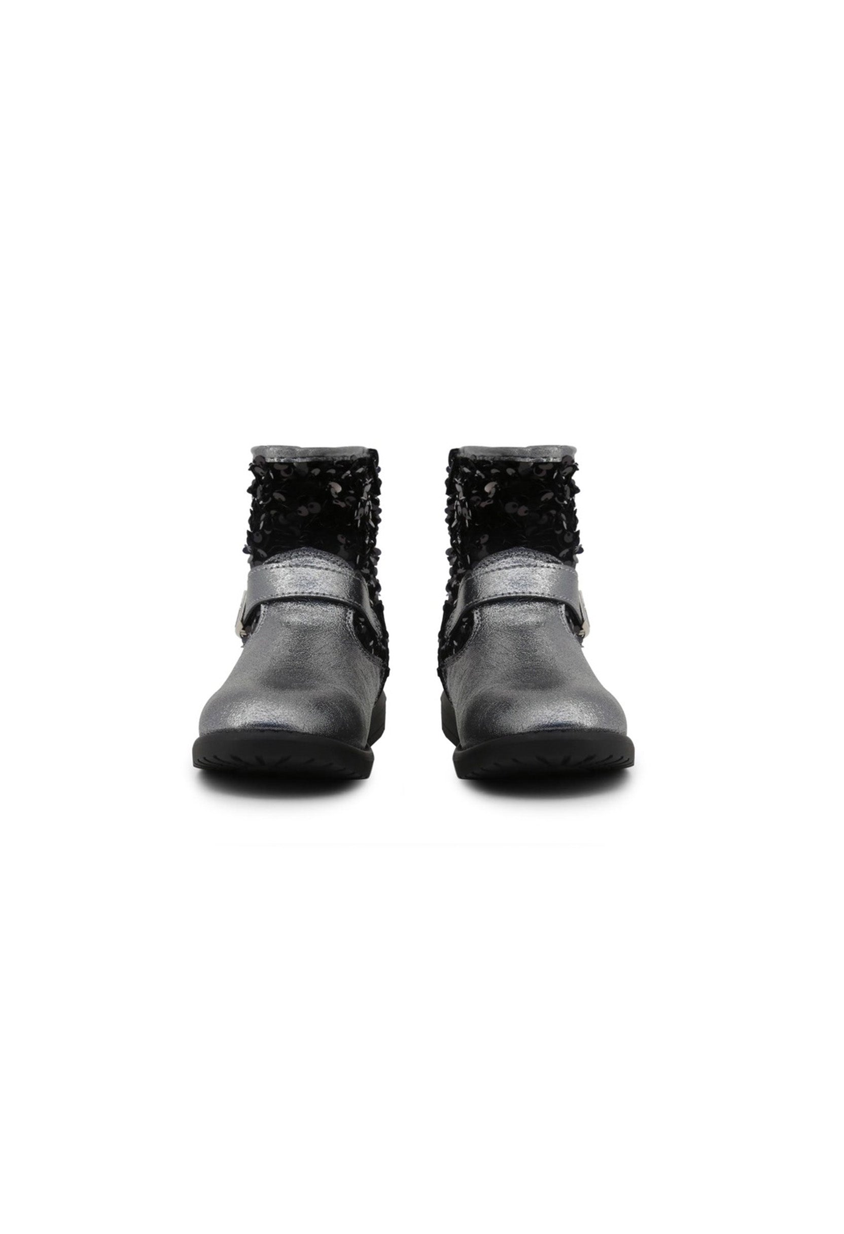 Front view of comfortable kids boots showing round toe and memory foam insole benefit.