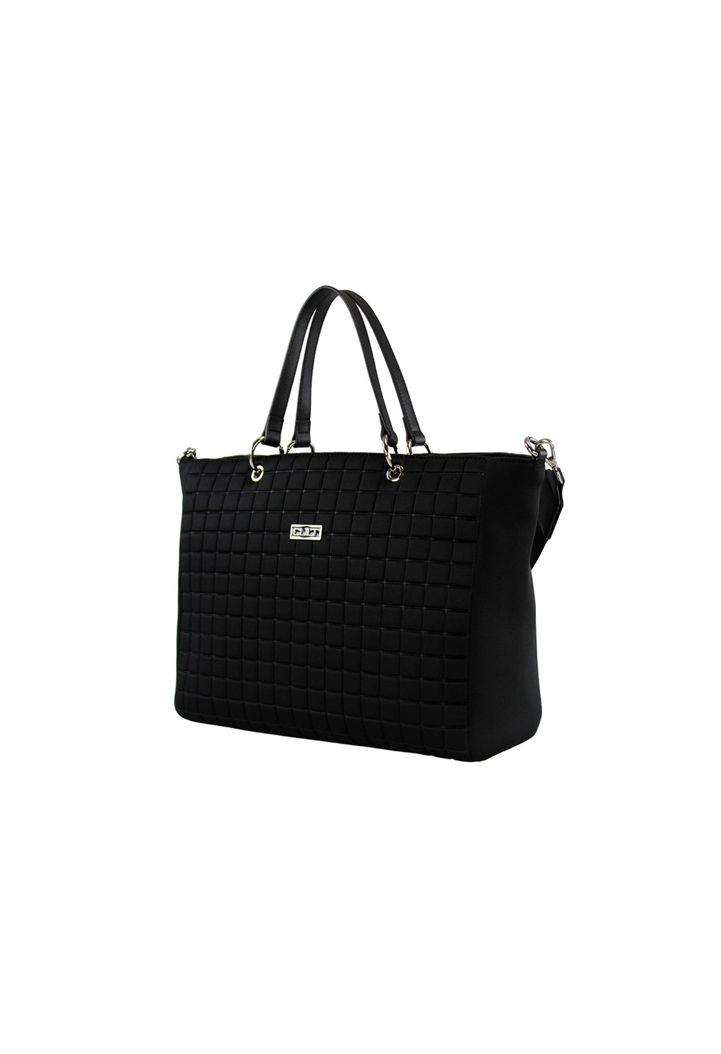 Side view of the black Cult shopping bag showing its quilted texture and spacious silhouette.
