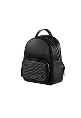 Side view of the black Cult studded backpack showing its leather‑blend finish and spacious silhouette.