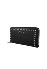 Studio side view of the black Cult wallet featuring stud details and zip-around design.