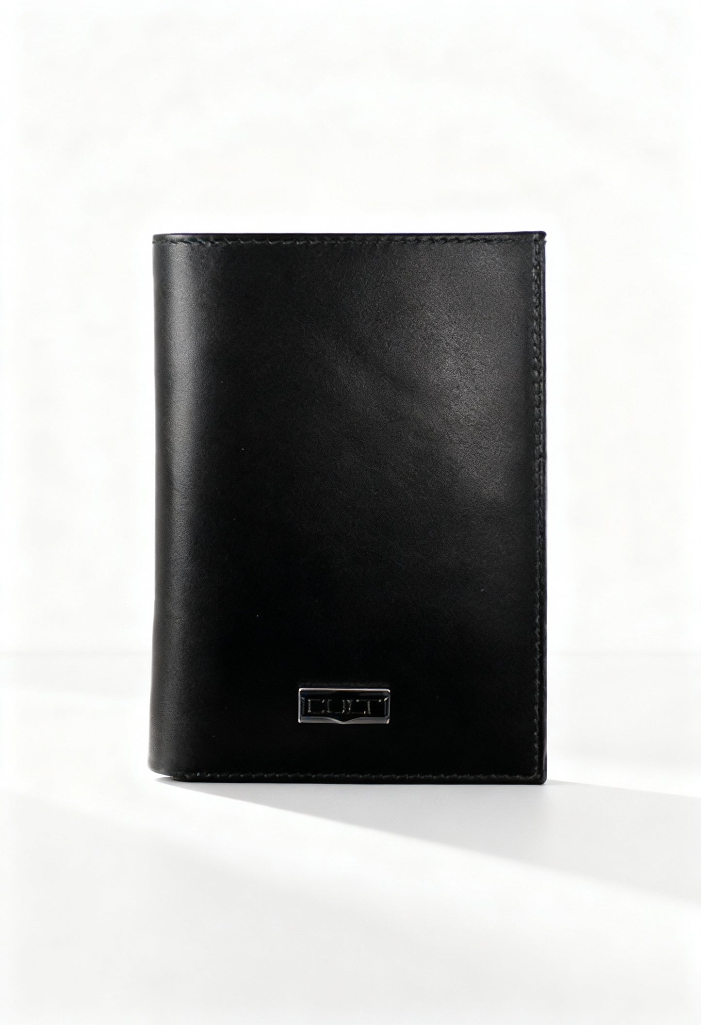 Cult X3EPMX191023 men's leather vertical wallet, tall bifold design, front logo detail.