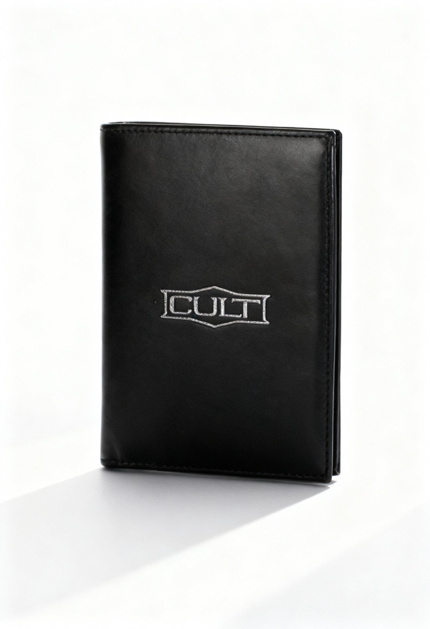 Cult X3EPMX211023 men's leather vertical wallet, tall bifold design, front logo detail.