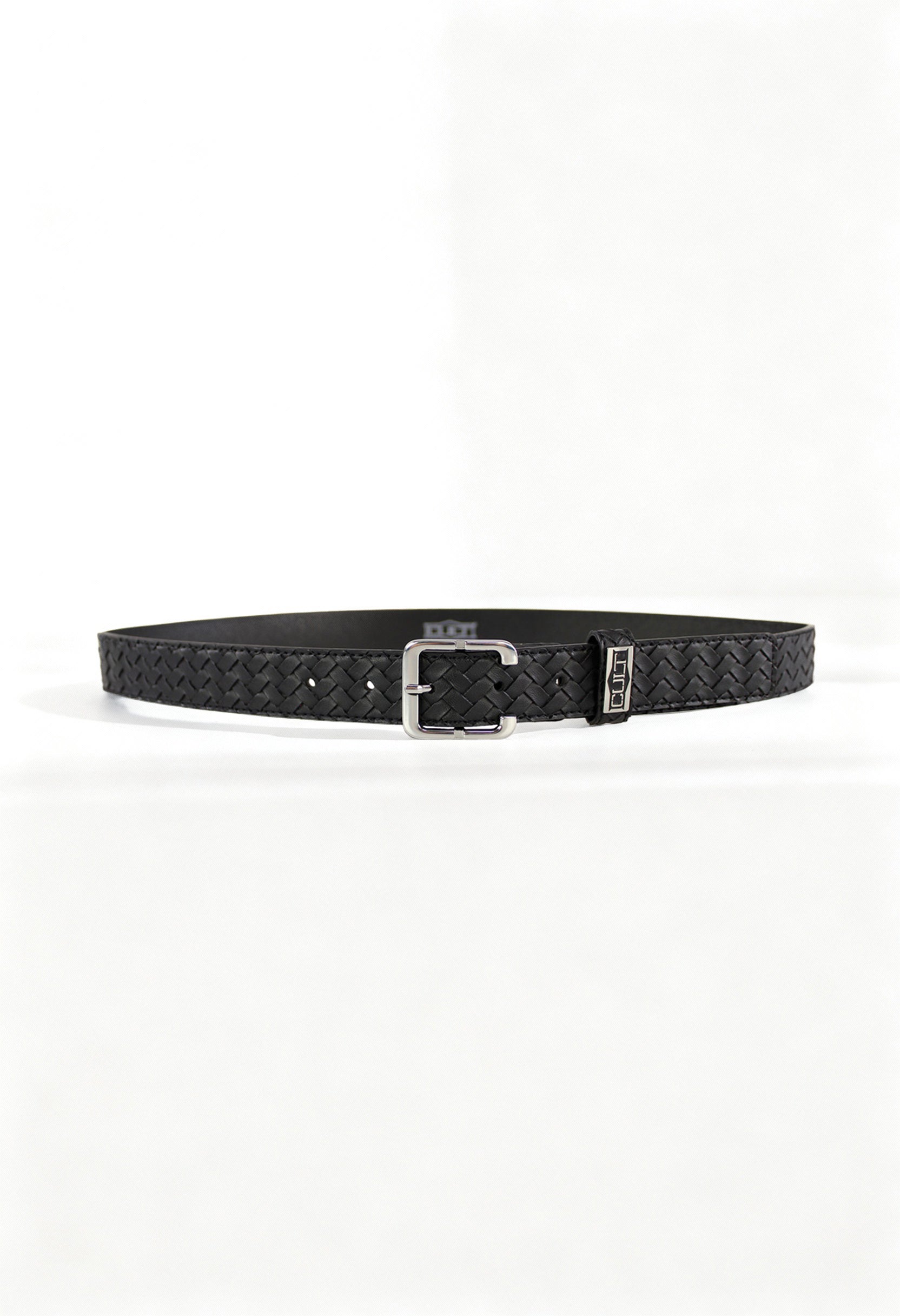 Front view of the black Cult X3EPWX992064 woman belt featuring a woven braided texture on a light background.