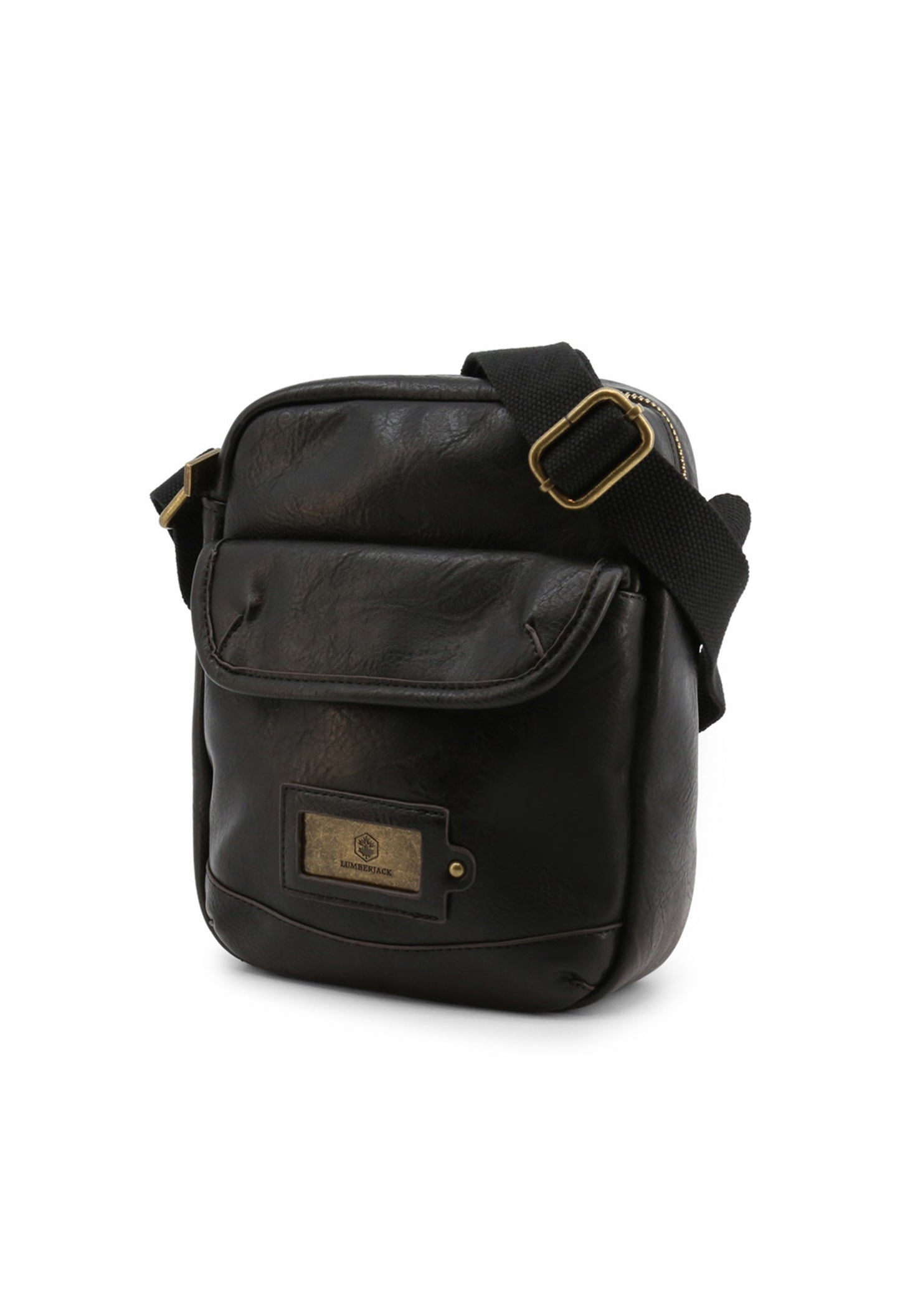Durable polyurethane across-body bag for man, side view showing front flap pocket and brass hardware.