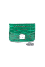 Front shot of the green Valery bag highlighting the metallic clasp and chain shoulder strap.