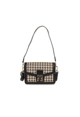 Front view of the black variation of the Alison handbag with the same woven-effect design.