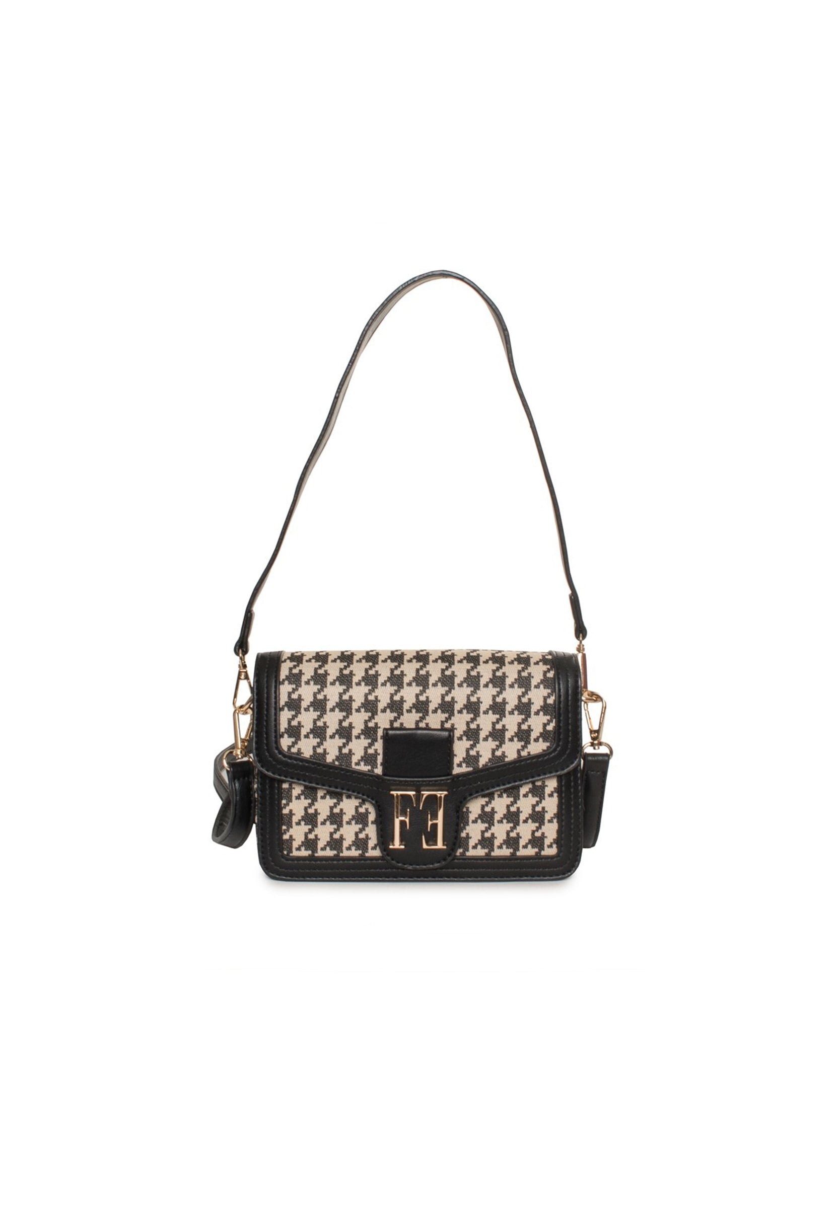 Front view of the black variation of the Alison handbag with the same woven-effect design.