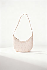 Front view of the beige Niky woman shoulder bag with embossed logo on a light background.