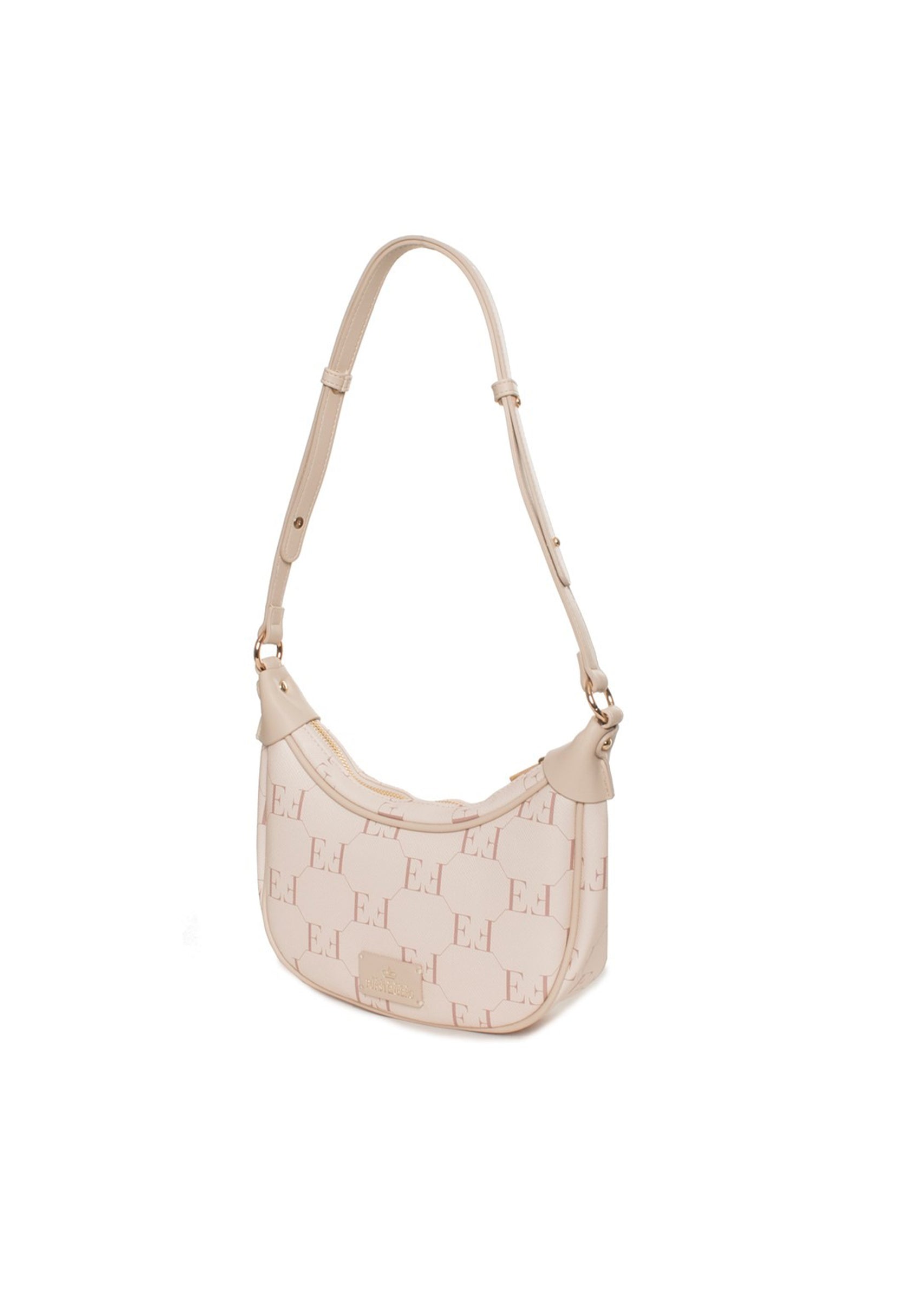 Studio front shot of the beige Niky shoulder bag showing its curved shape and embossed pattern.