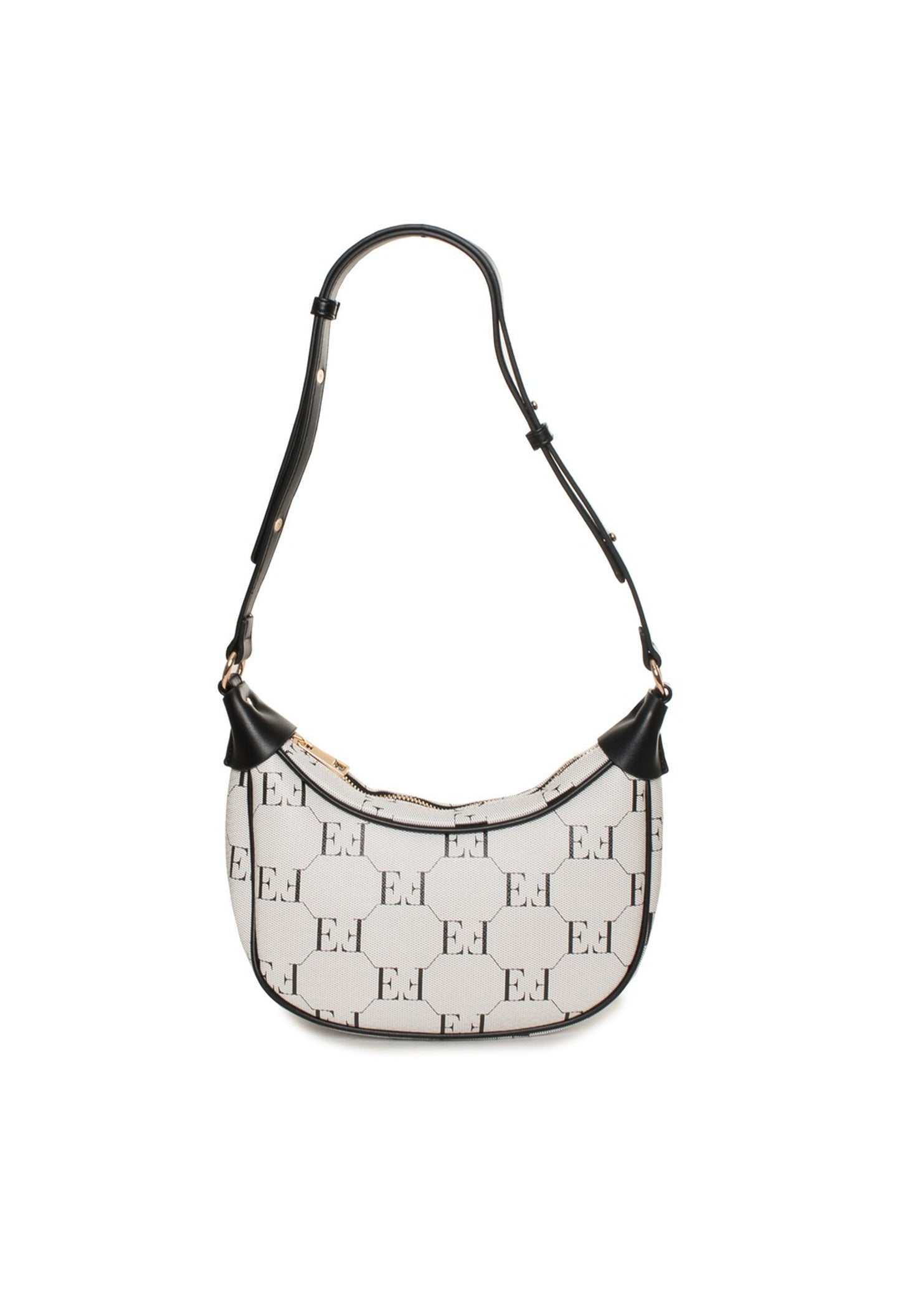 Front view of the black variation of the Niky shoulder bag with logo embossing and curved silhouette.