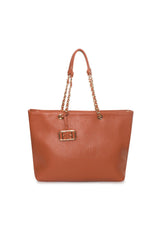 Front view of the brown Noemi shoulder bag with gold chain handles and visible logo.