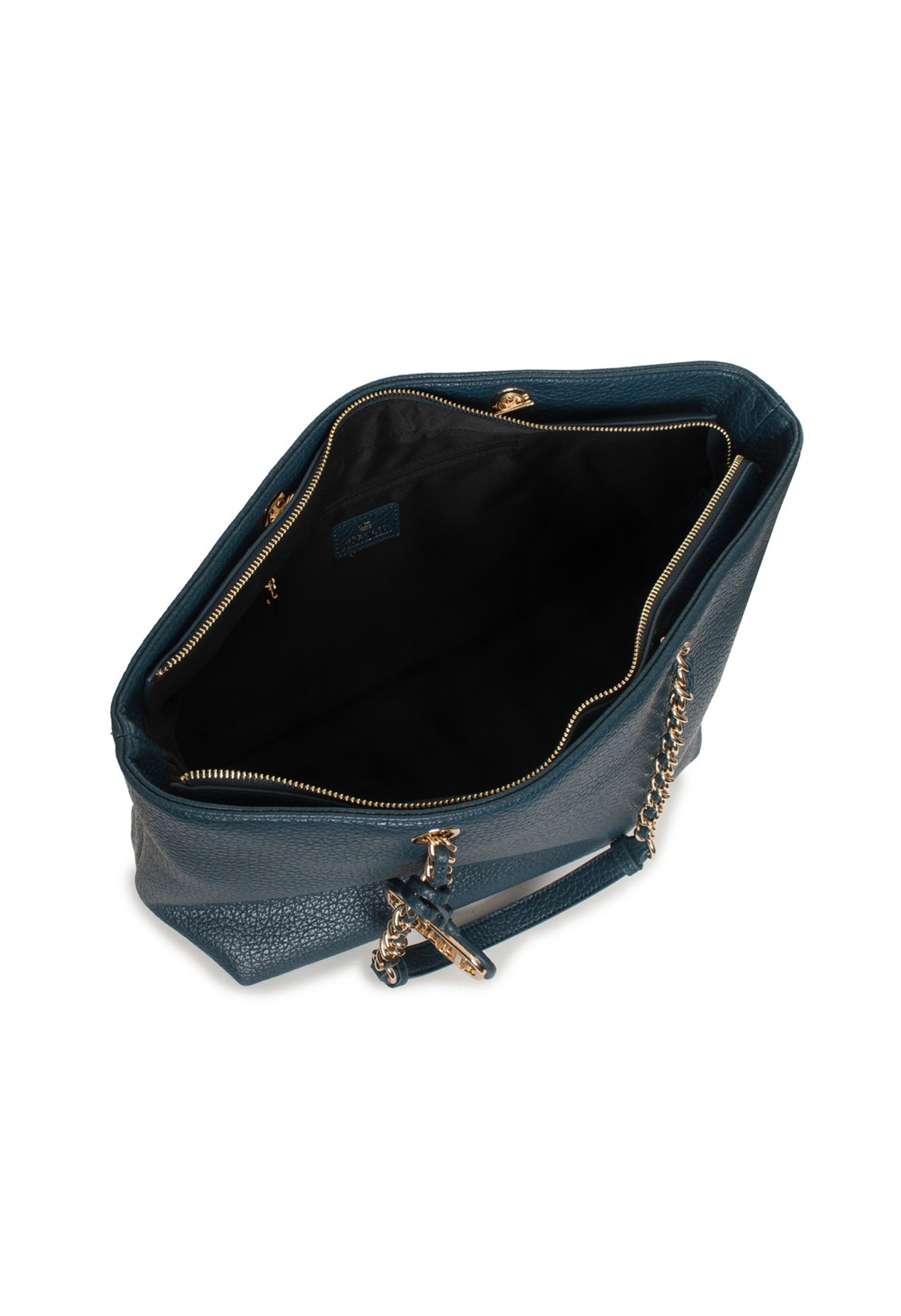 Top-open view of the dark teal Noemi bag showing the spacious interior with zip fastening.