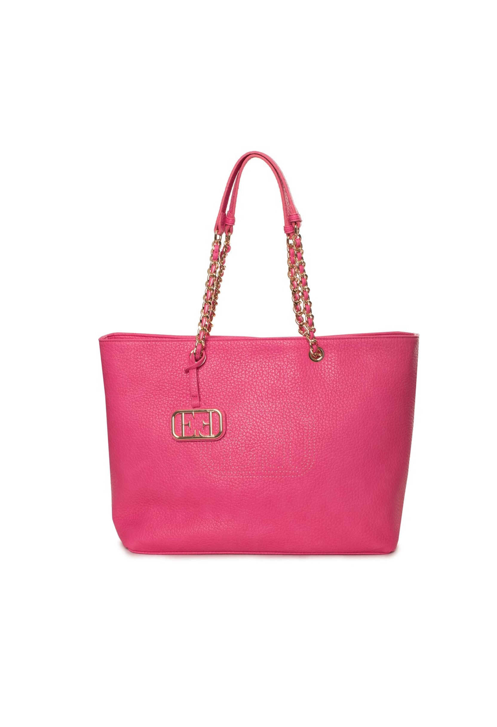 Front view of the pink Noemi shoulder bag featuring a textured finish and chain handles.
