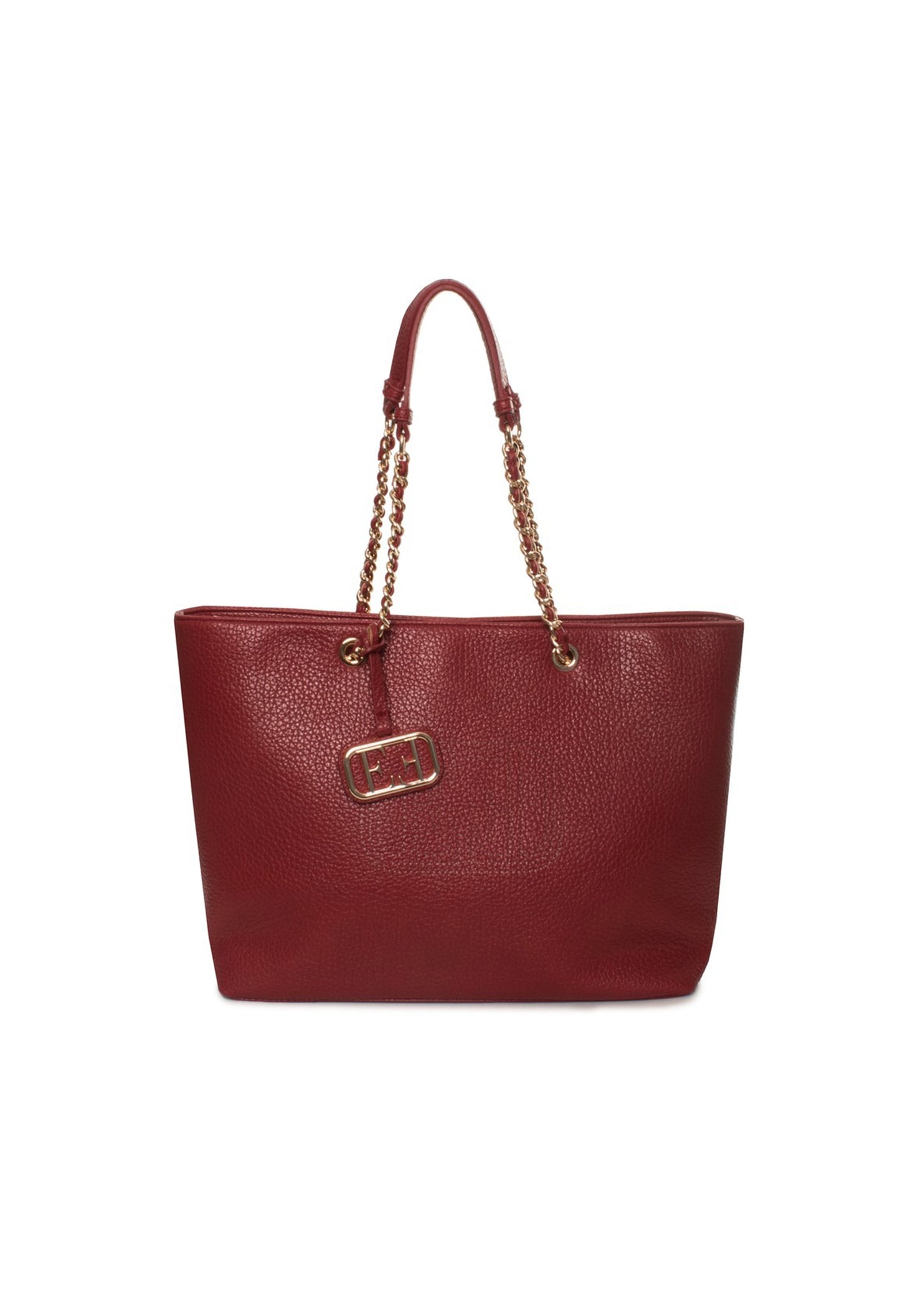 Front view of the red variation of the Noemi shoulder bag with chain handles.