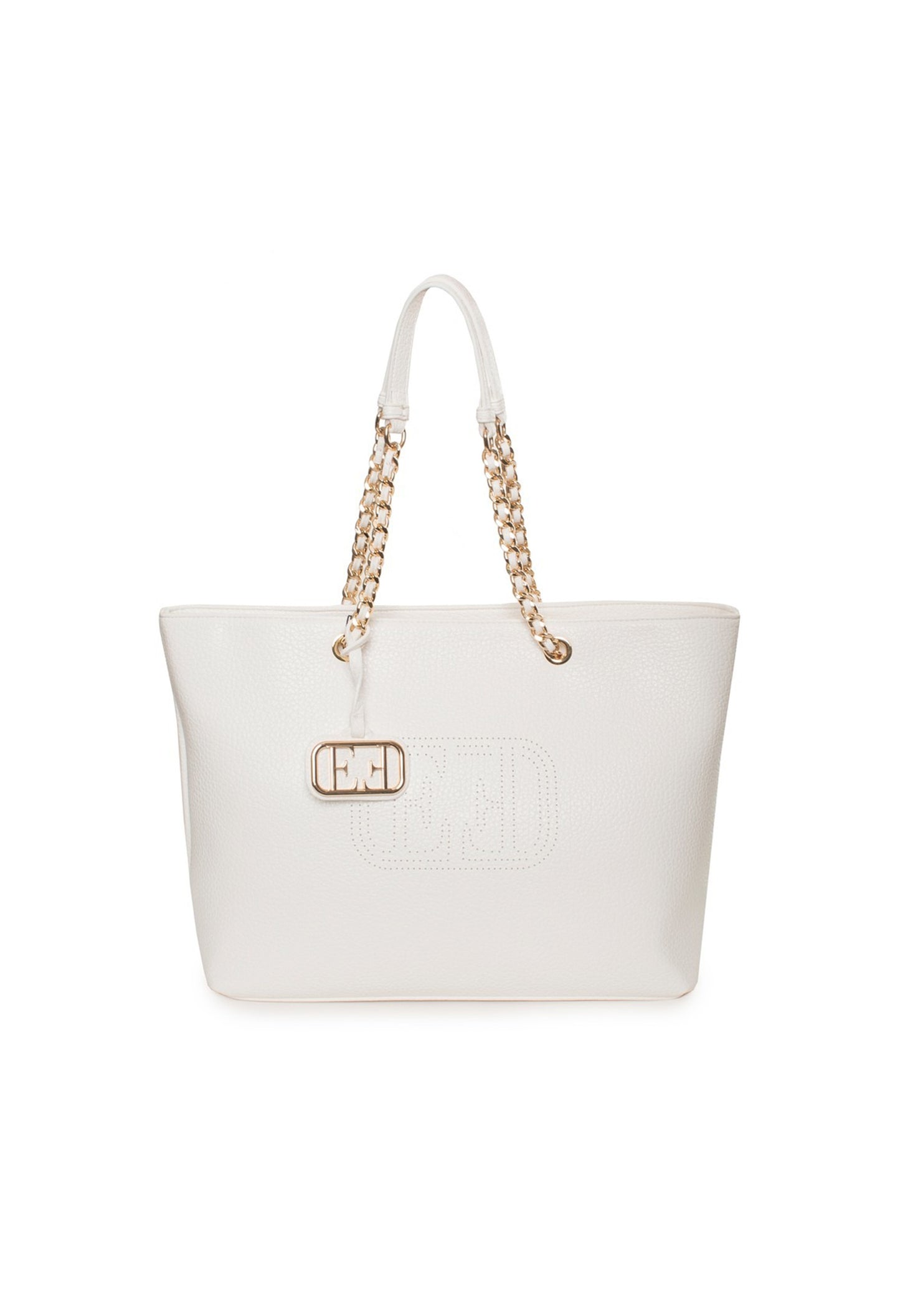 Front view of the white Noemi woman shoulder bag with gold chain handles.