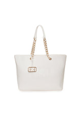 Front view of the white Noemi woman shoulder bag with gold chain handles.