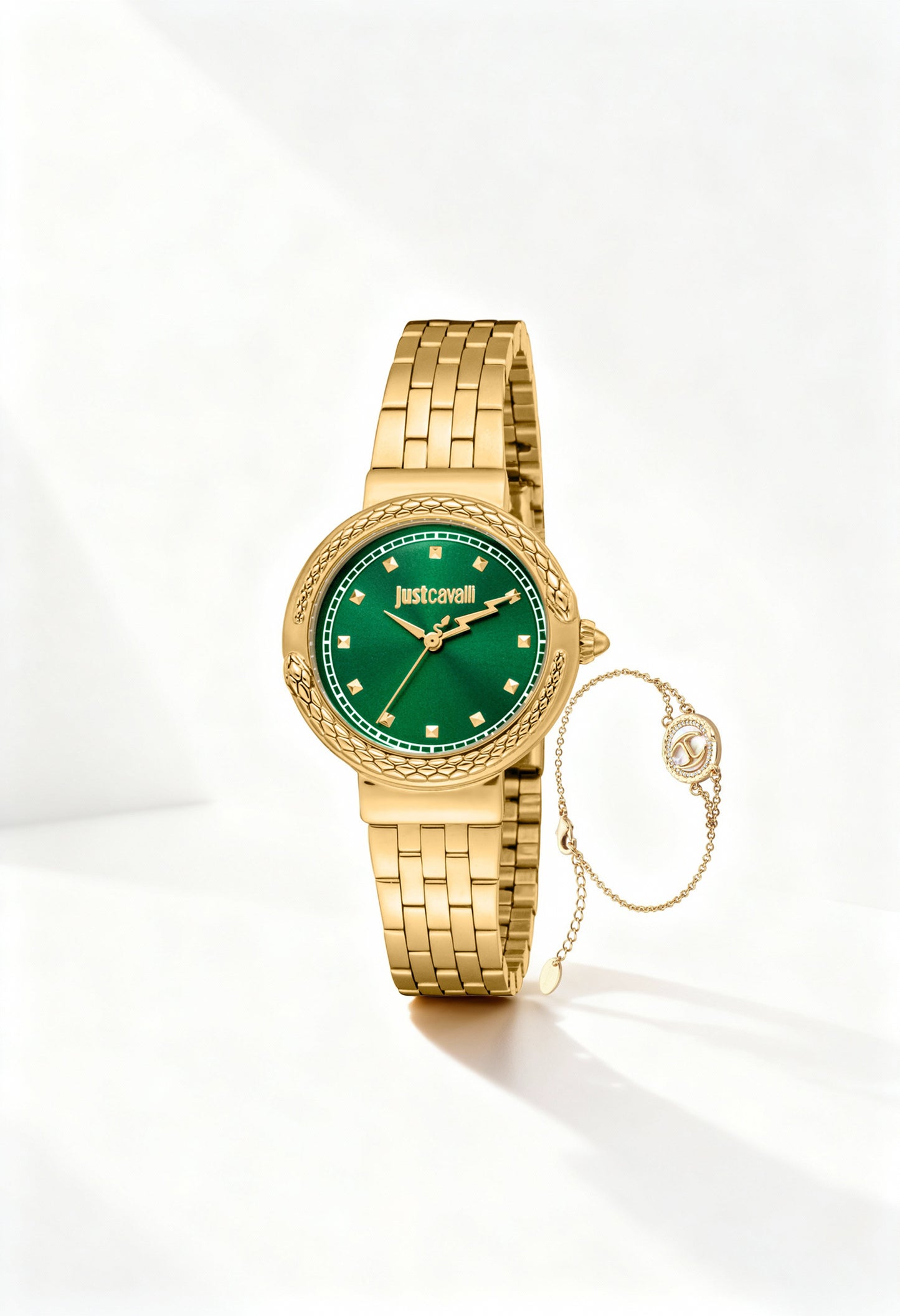 Front angled view of the Just Cavalli JC1L311M woman watch featuring a gold bracelet and green dial.