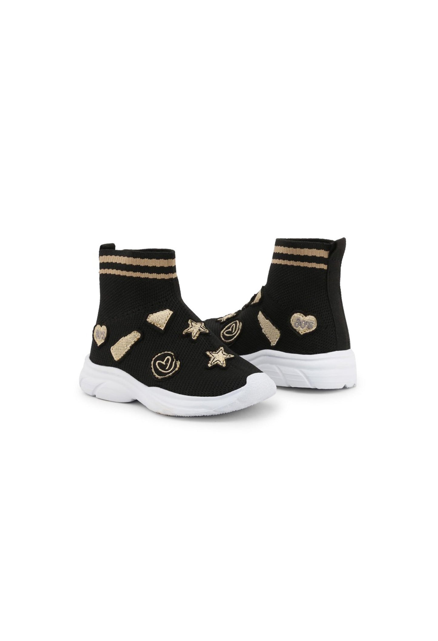 Kids' fabric glitter sneakers, pair view, showing gold star and heart appliqués.