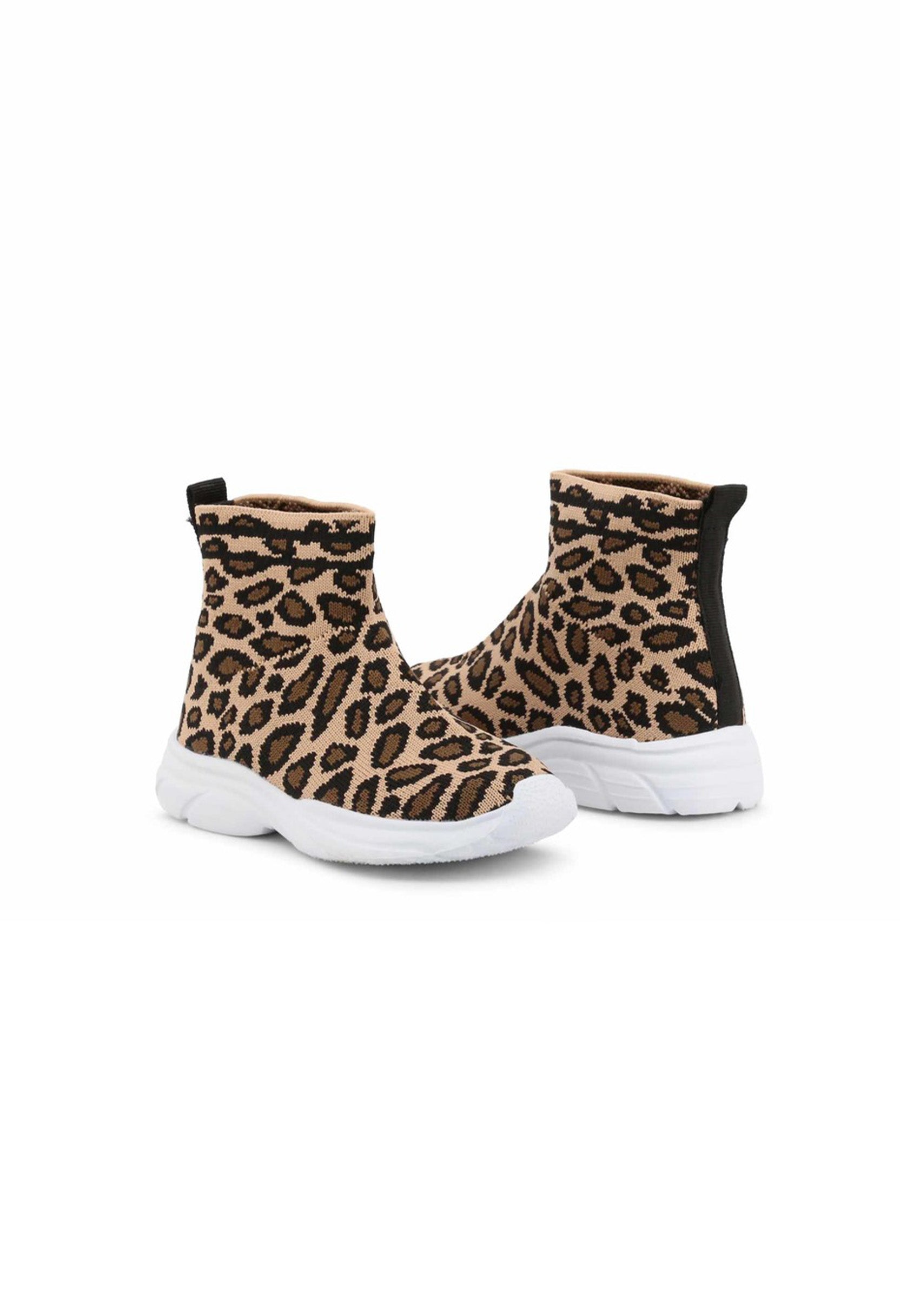Kids' fabric leopard print sneakers, side view showing sock fit.
