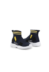 Kids' fabric lightning bolt sneakers, pair view, showing navy and yellow stripes.