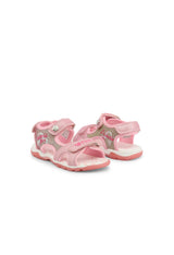 Kids' easy Velcro glitter sandals, side view showing durable synthetic upper.