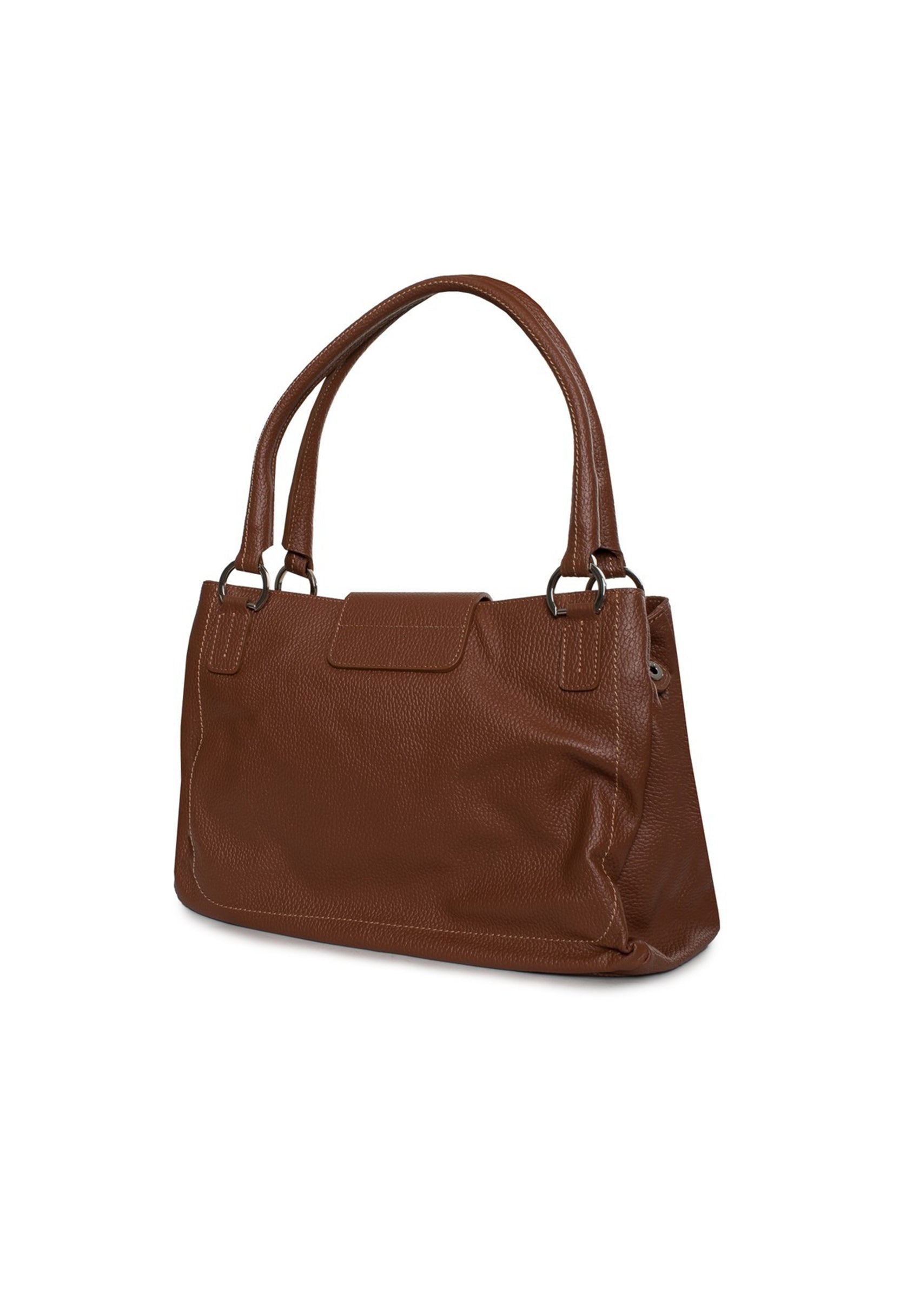 Angled view of the Lamarthe LAM103 brown leather shoulder bag showcasing its structured shape and logo detail.