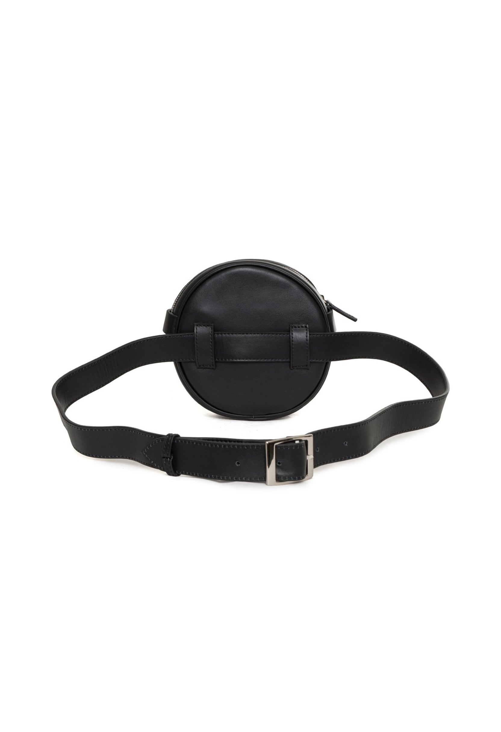 Back view of the Lamarthe PR176 black round leather bag with adjustable strap.