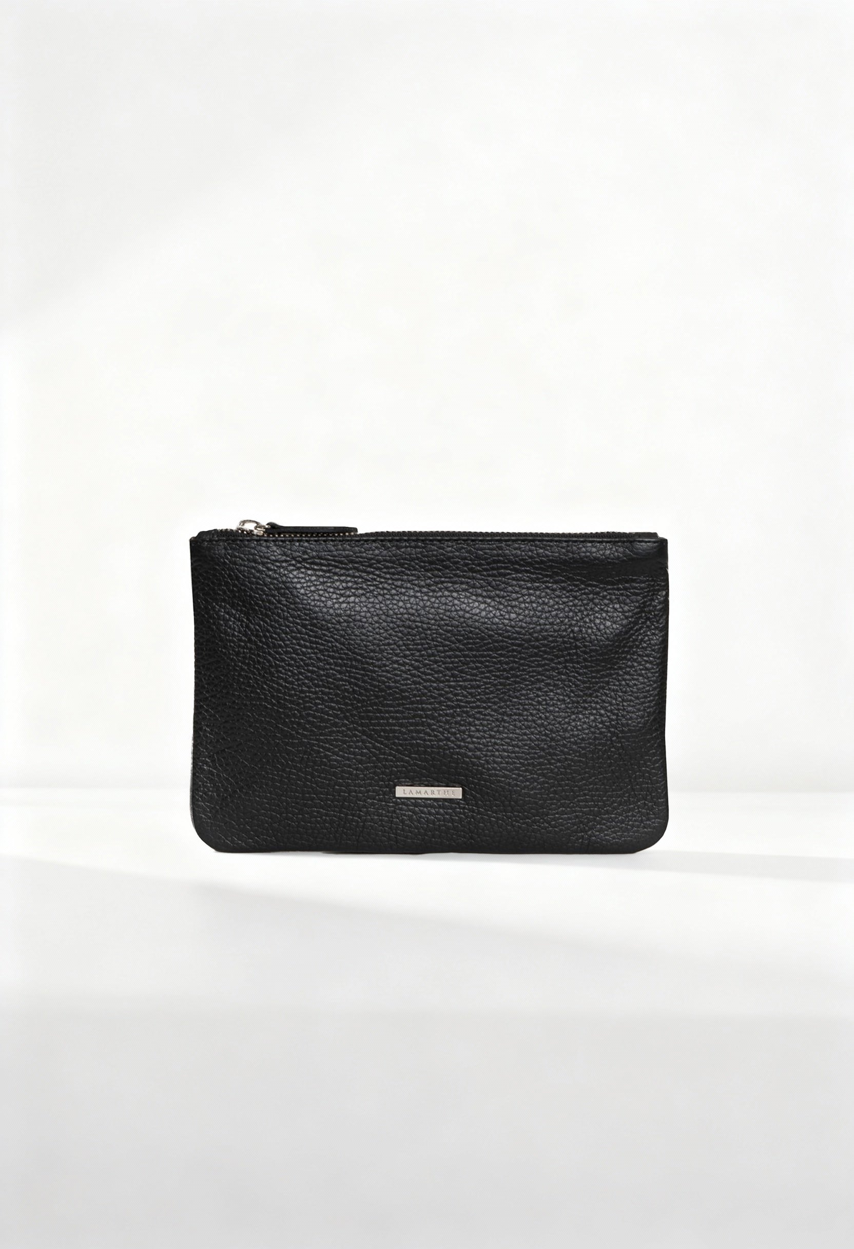 Front view of the Lamarthe TRE102 black textured leather clutch with metallic logo plate.
