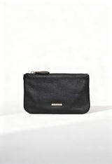 Front view of the Lamarthe TRE103 large black textured leather clutch with metallic logo plate.