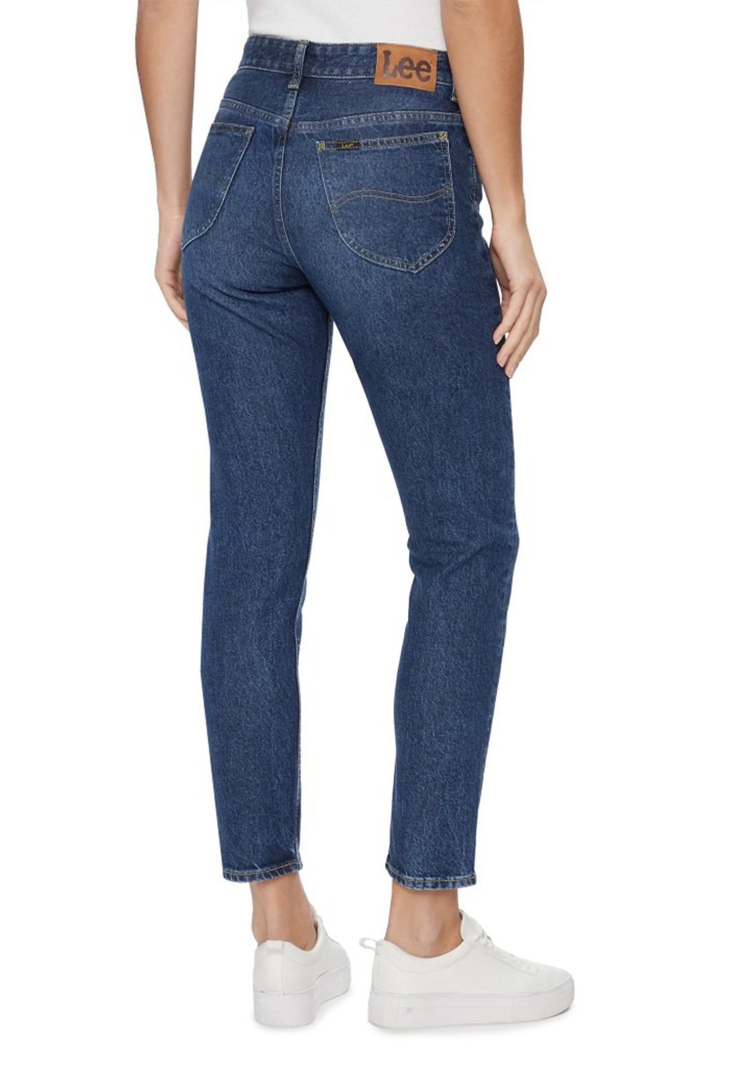 Studio back view of the dark blue Lee 112346312 jeans showing tapered slim fit.