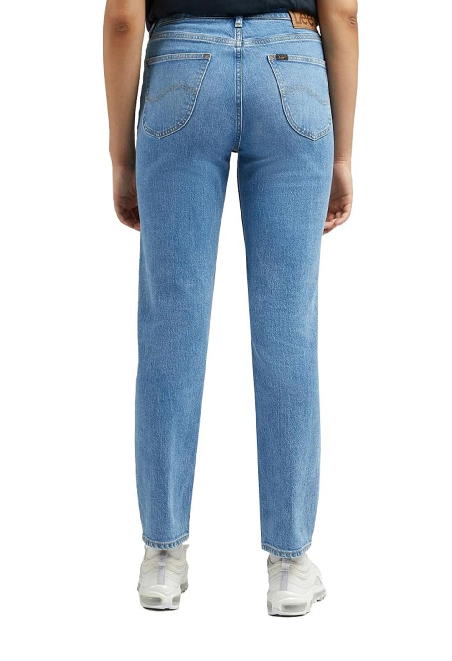 Studio back view of the light blue Lee L30UOWB59 jeans showing pockets and straight fit.