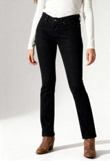 Front angled view of a woman wearing black Lee L34BTSFP regular-fit jeans on a bright background.