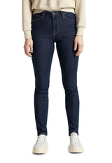 Side-angle studio view of the dark blue Lee L626MDNX skinny jeans showing the slim fit.