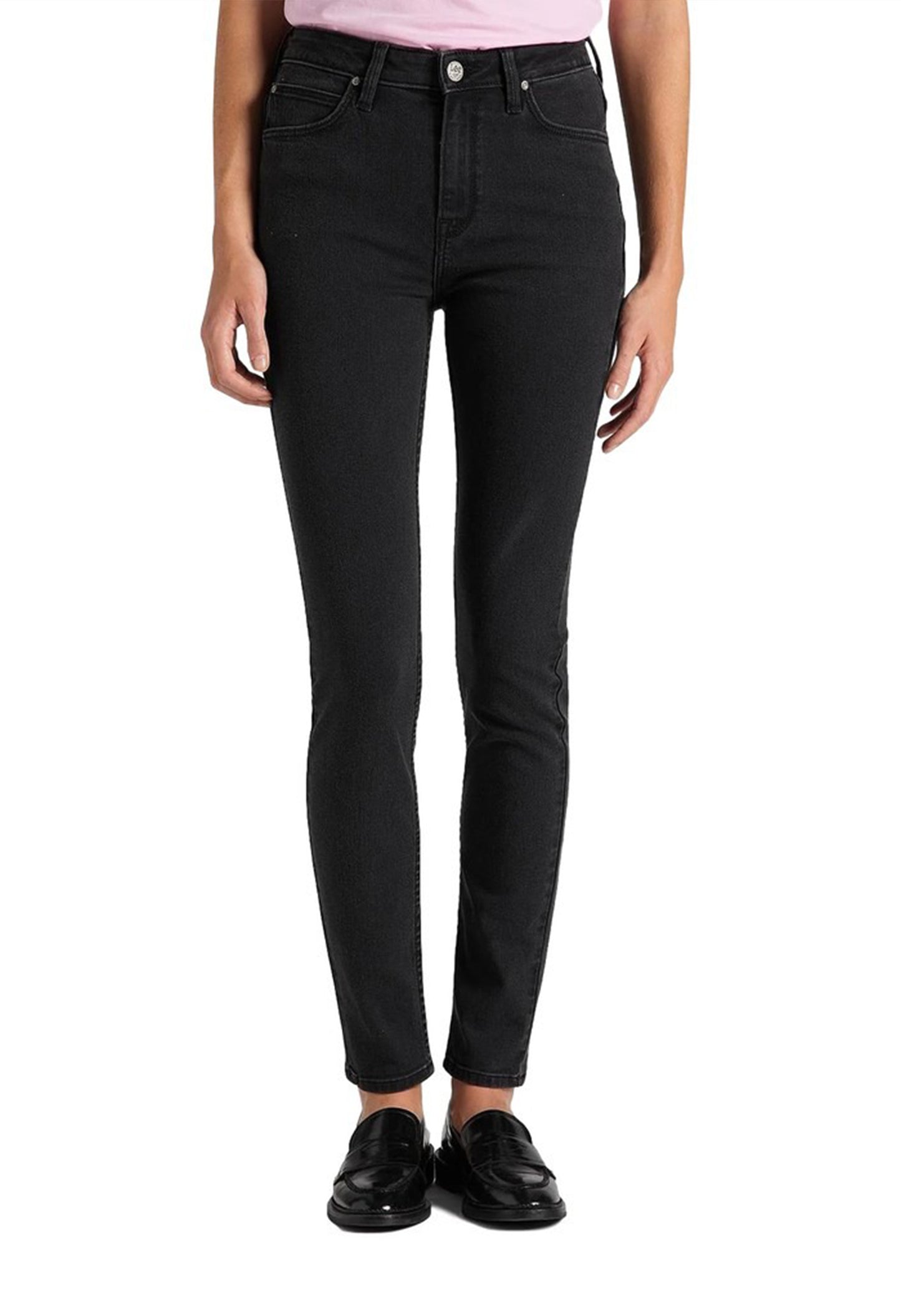 Studio front view of a woman wearing black Lee L626SHMY skinny jeans.
