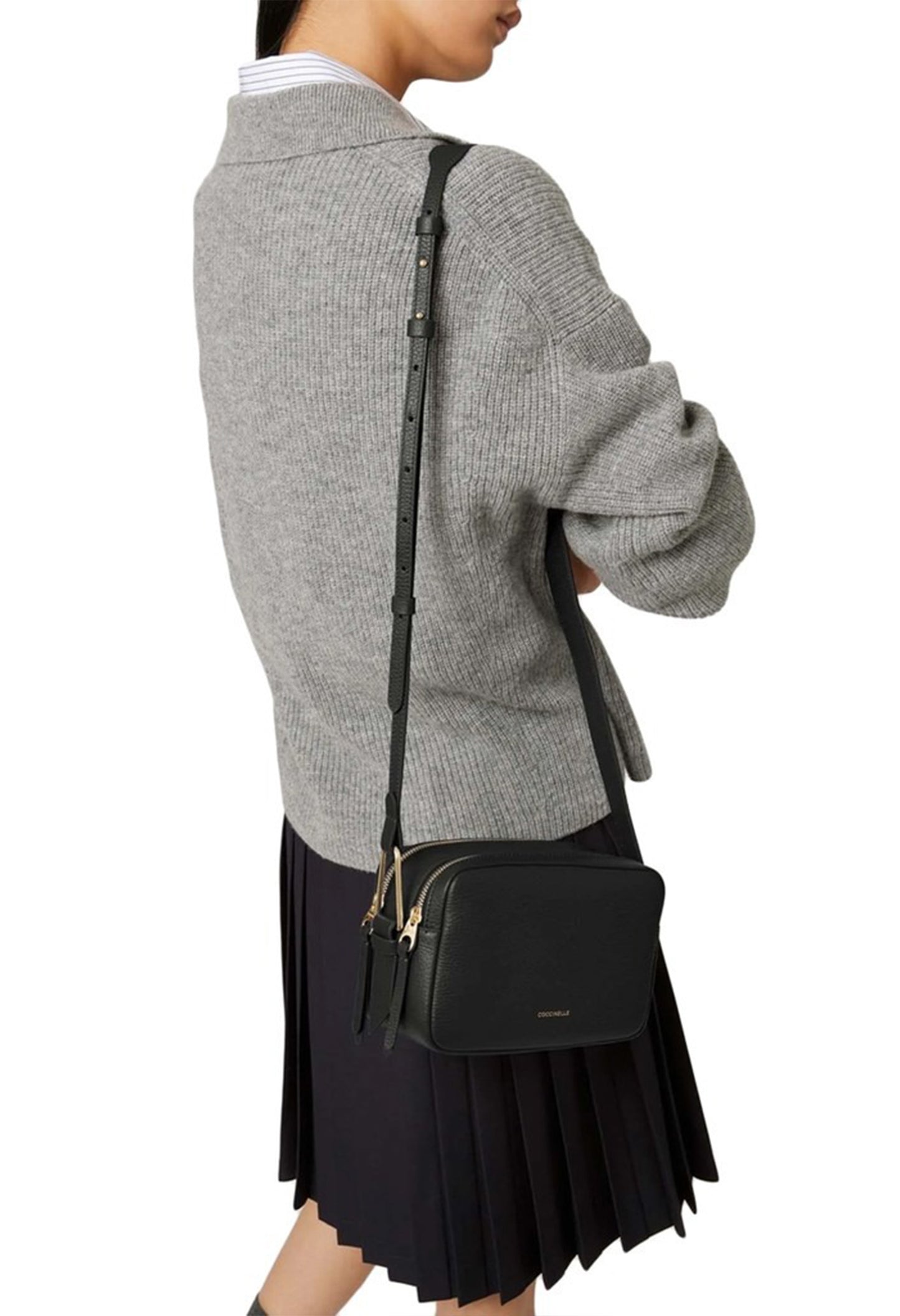 New luxury black leather crossbody bag styled for women from France AJ Luxe.