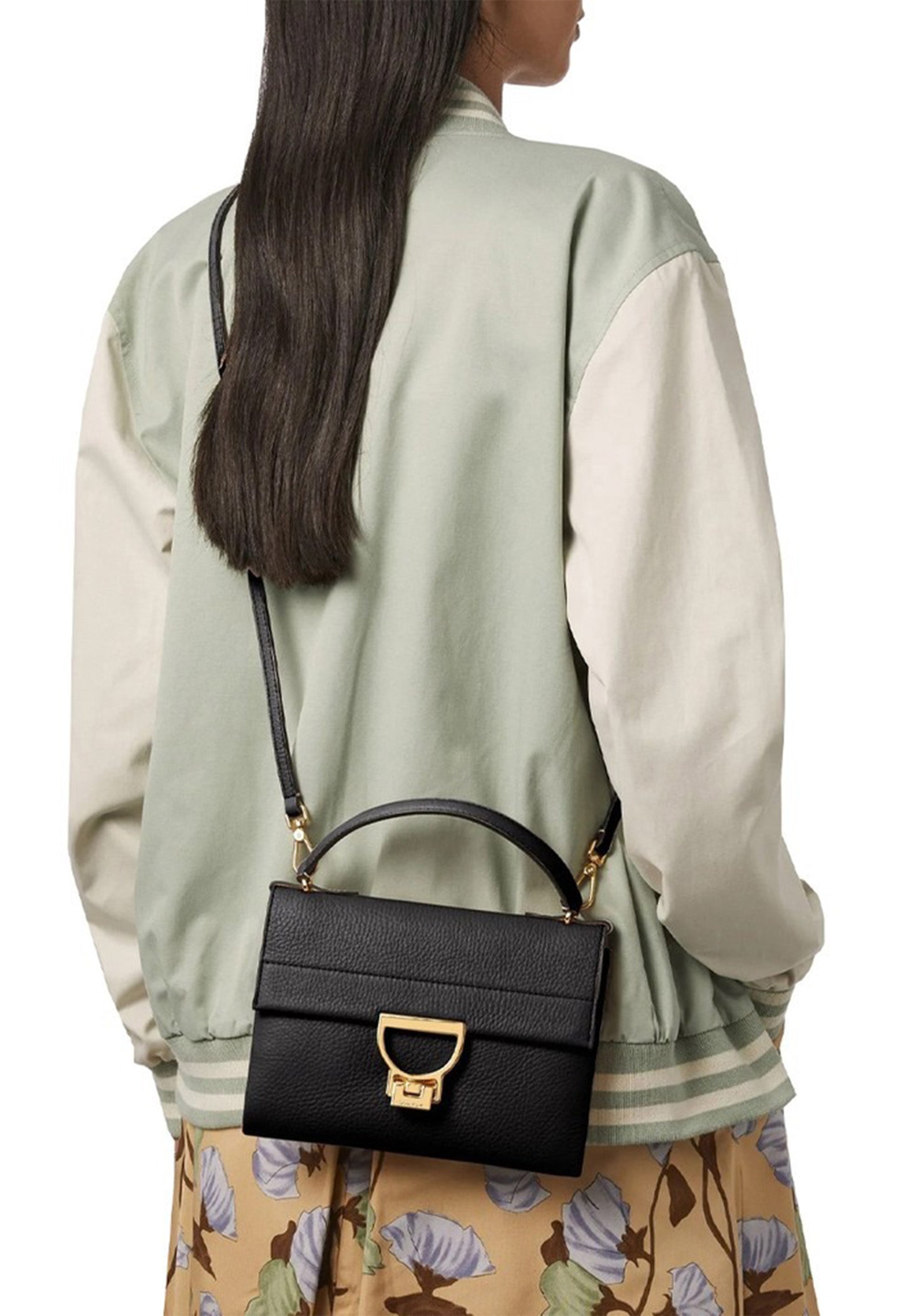 Luxury black leather mini handbag styled as a crossbody bag for women from France AJ Luxe.