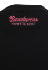 MCS t-shirt showing back neck print detail with "Beachwear" logo text.