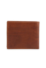 Men's leather bifold wallet interior showing coin purse and card slot organization.