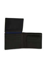 Men's leather blend wallet showing interior layout and documents compartment.