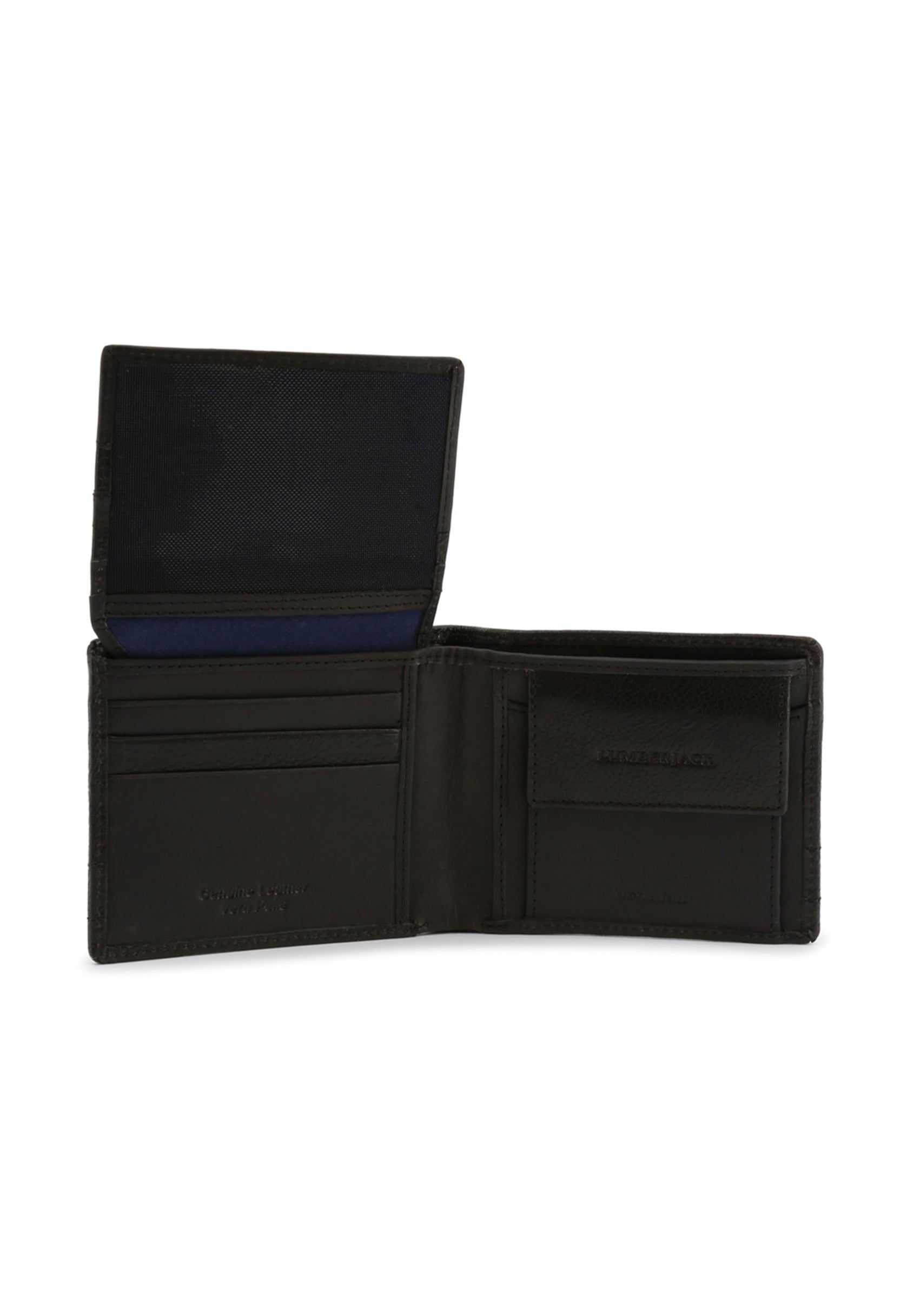Men's leather blend wallet showing interior layout and documents compartment.