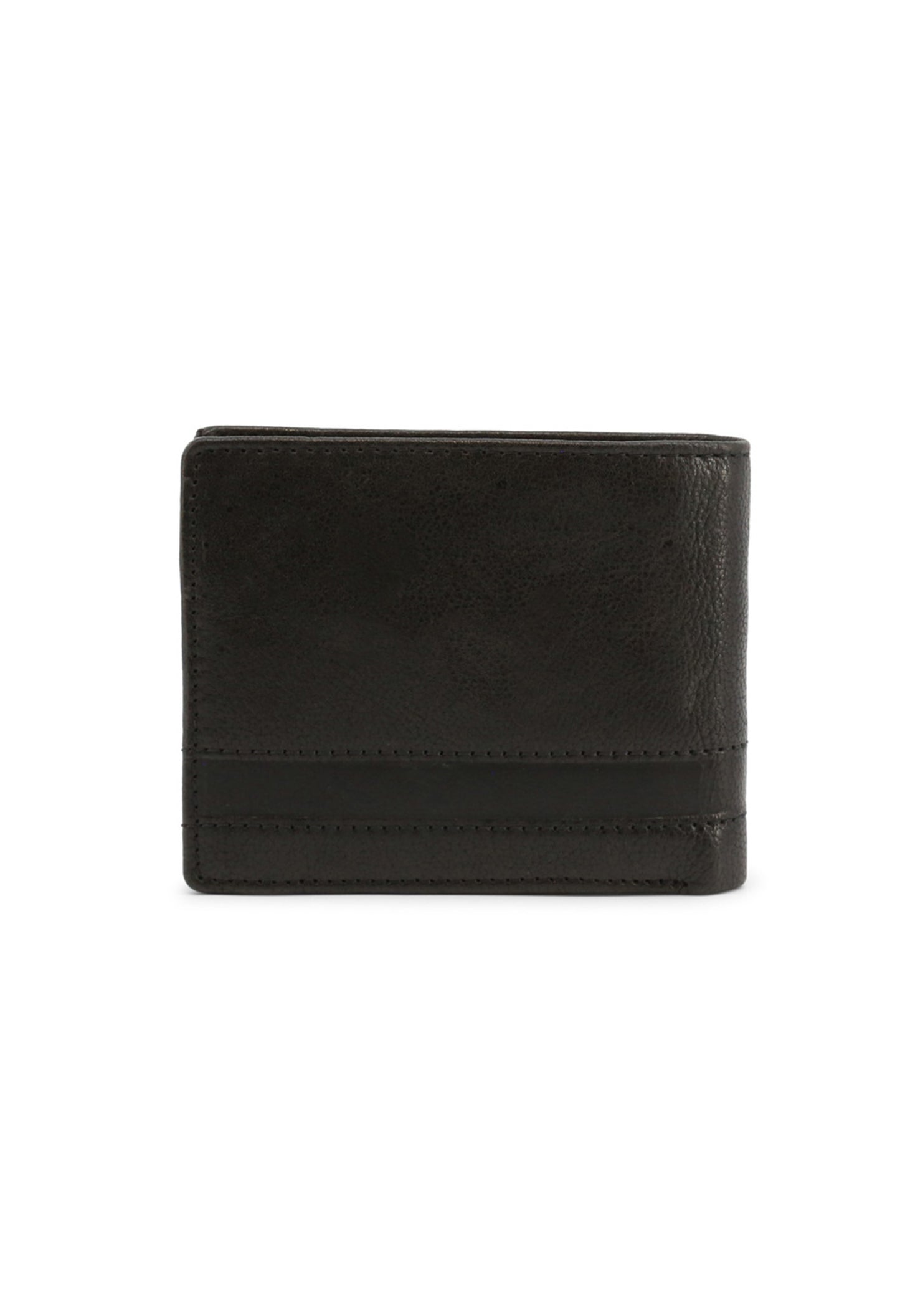 Men's wallet in black, front view showing subtle logo detail and coin purse capacity.